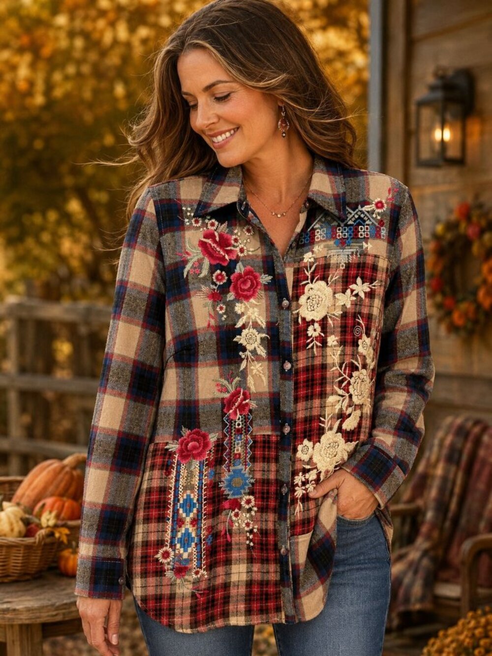 Paparazzi Embroidered Patchwork Plaid Flannel Button Shirt